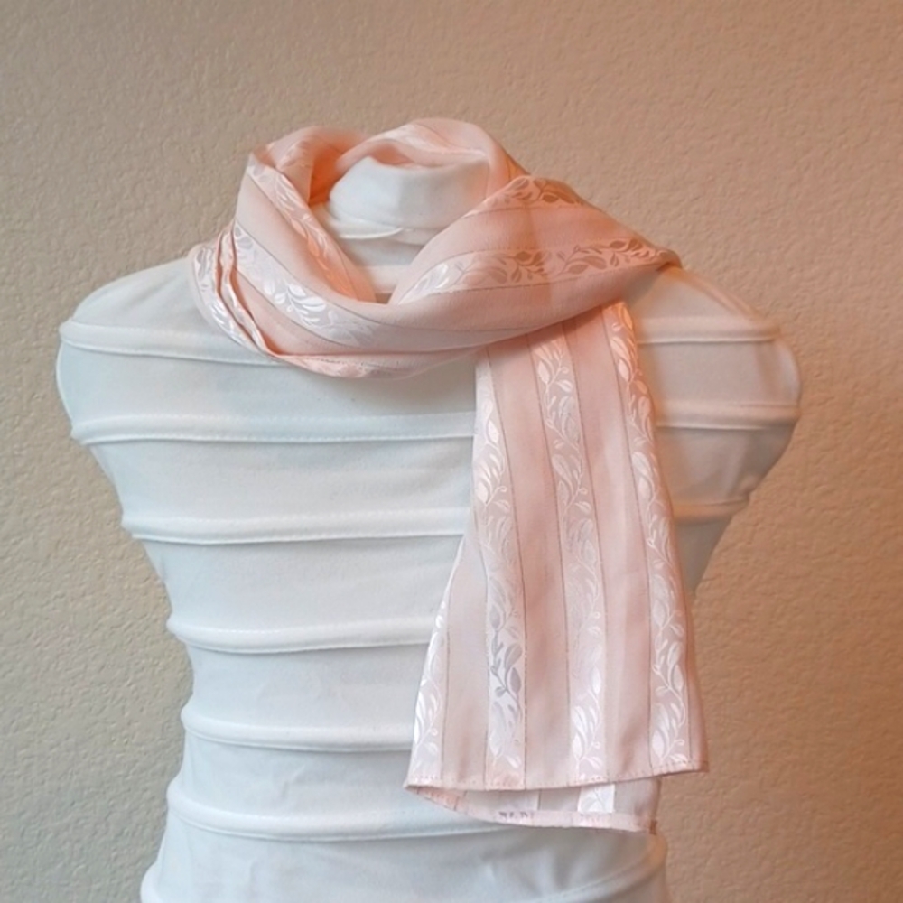 Vintage Handmade Sheer Scarf Pink & Gold Striped with Leaf Pattern, 36.5" x 18"